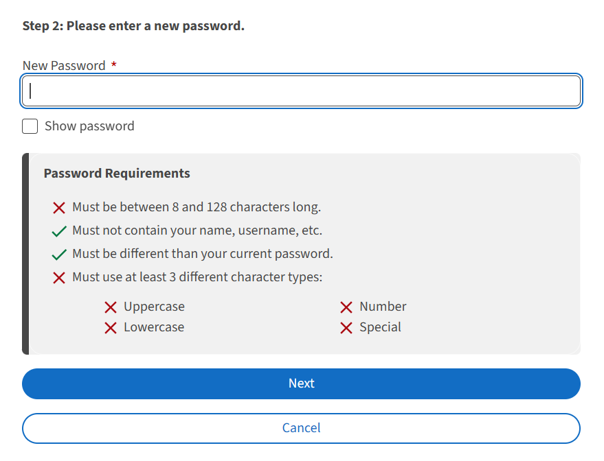 Enter new password visual aid