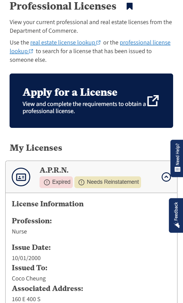 A display of the MyUtah professional licenses dashboard, showing a list of active professional and real estate licenses that a user can view and manage.