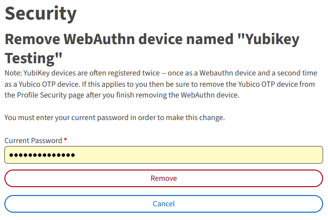 Entering Password to Remove WebAuthn device